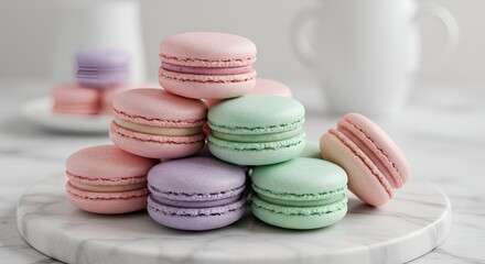 Fototapeta premium Elegant French macarons in pastel colors, stacked in a pyramid on a marble plate, with soft bokeh background, ultra-detailed, high-resolution close-up shot