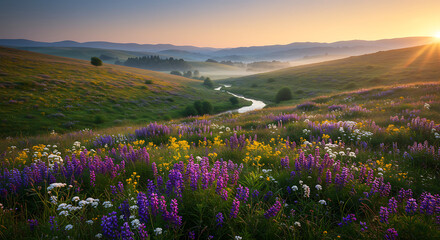 "A serene valley with blooming wildflowers and a distant view of hills." © Aleksandr_79