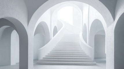 White archway staircase interior; minimalist design; bright light; architectural photography