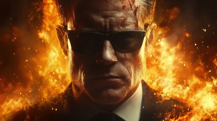 Fototapeta premium A professional man in a suit and sunglasses stands confidently in front of a blazing fire, embodying power and determination.