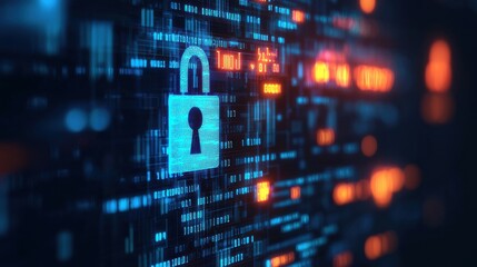 Obraz premium A digital representation of cybersecurity, featuring a padlock symbol among glowing data streams, emphasizing data protection and encryption.