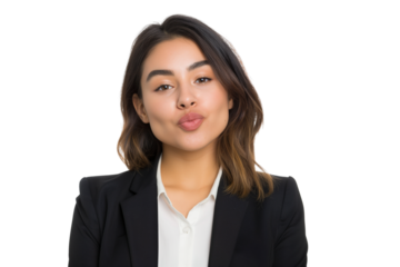 Confident Latina entrepreneur blowing kiss to success isolated on transparent white background