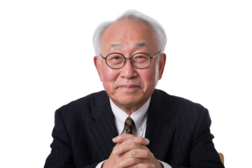 Elderly East Asian male consultant clasping hands isolated on transparent white background