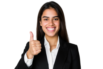 Young Latina sales rep holding thumbs-up isolated on transparent white background