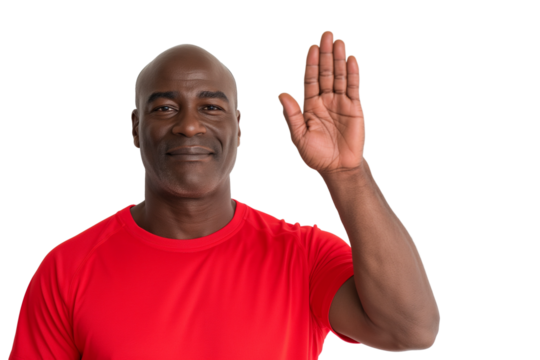 Middle-aged Black male trainer showing stop sign with palm isolated on transparent white background