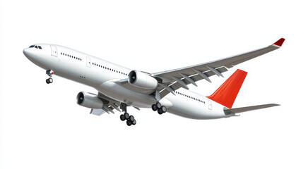 Obraz premium An aeroplane on a white background, isolated. An lone flying commercial aeroplane in a flight against a white background serves as a travel backdrop. 