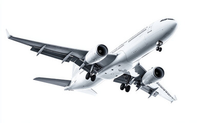 Obraz premium An aeroplane on a white background, isolated. An lone flying commercial aeroplane in a flight against a white background serves as a travel backdrop.