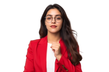 Youthful South Asian female CEO holding fist to her chest isolated on transparent white background
