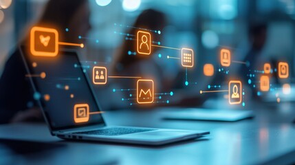 A modern laptop displays interconnected digital icons, symbolizing networking, data flow, and technology interactions in a collaborative workspace.