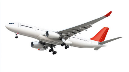 Fototapeta premium An aeroplane on a white background, isolated. An lone flying commercial aeroplane in a flight against a white background serves as a travel backdrop. 