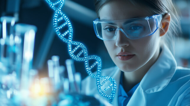 A researcher examines a DNA helix model under bright lab lights, with test tubes and advanced genetic tools surrounding the structure, focusing on DNA mutations and treatments.