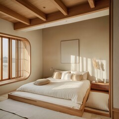 A serene minimalist bedroom with a bed and window