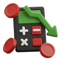 3D Business Debt Icons, Colorful calculator with an increasing trend and red tokens. isolated on a white background.
