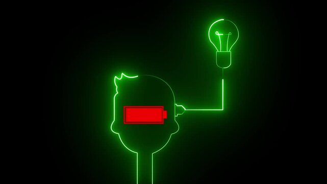 glowing neon Human silhouette head and bulb is plugged into a socket. Nonstandard thinking, creative idea concept. Vector illustration isolated. 4k animation.