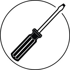Obraz premium A clean, minimalist black and white icon of a screwdriver positioned diagonally within a circle.