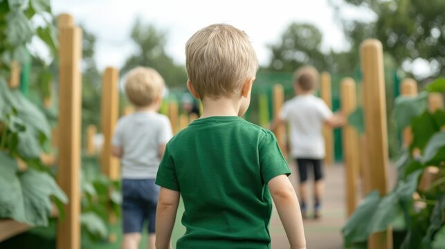 Diverse group of children playing and exploring on an eco friendly green energy powered playground highlighting the concept of a clean sustainable future  The image showcases a colorful