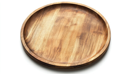 Round wooden serving platter, isolated on a white background