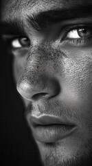 Fototapeta premium Black and white close-up portrait of a serious young man, Monochrome, Classic, High contrast