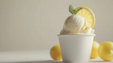A lemon ice cream in a paper cup with mint and lemon on the light beige background with a copy space