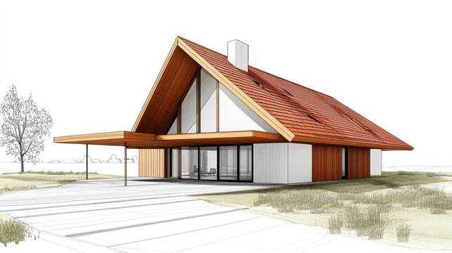 Modern House Architectural Sketch  Wood and White Exterior, Pitched Roof