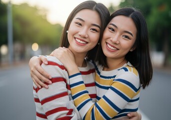 Smiling Asian Twin Sisters Embracing in Striped Sweaters Outdoor Portrait