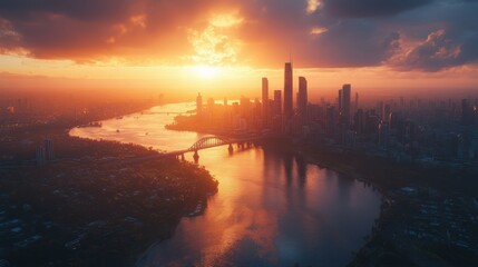 Naklejka premium A vivid cityscape bathed in sunset's golden glow, with a serene river reflecting its fiery hues—a captivating blend of light and shadow