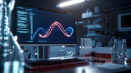 A glowing, detailed DNA helix structure is displayed on a computer screen, with test tubes containing experimental samples surrounding it in a well-equipped bio research lab.