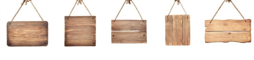 Set of wooden signs hanging on ropes, isolated on a white background