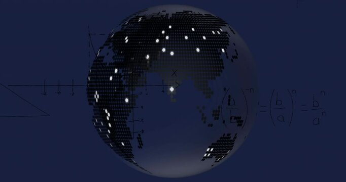 Animation of digital globe with mathematical equations on dark blue background