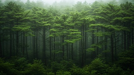 Misty Pine Forest Landscape, Nature Scene