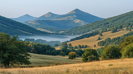 Obraz premium Misty mountain valley sunrise landscape, nature scene, travel photography