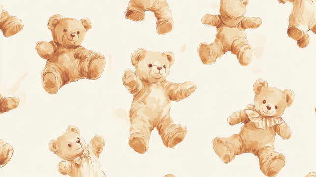 A charming collection of illustrated teddy bears, designed in a soft and sketchy hand-drawn style, each bear slightly unique with different expressions and cozy clothing