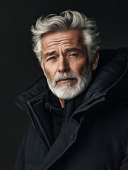 Obraz premium Stylish Mature Man in Dark Puffer Jacket: Perfect for Fashion Promotions or Editorials