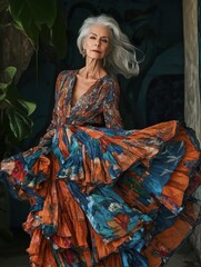 Elegant Model in Colorful Floral Dress, Stylish Movement with Vibrant Ruffles, Perfect for Fashion Inspiration.