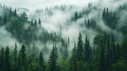 Obraz premium Misty mountain forest landscape, tranquil scene, nature background, travel poster