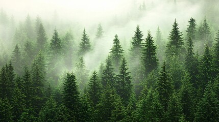 Fototapeta premium Misty mountain forest, evergreen trees, nature background, travel poster