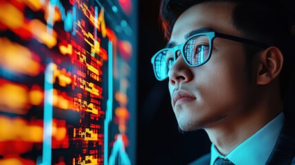 Business executive analyzing a profit graph on a holographic screen, modern office environment with AI-powered analytics