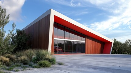 Obraz premium Modern Red and Brown Building with Glass Exterior and Vehicle