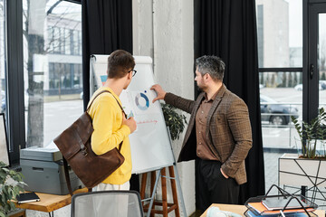 Colleagues collaborating on onboarding presentation in a modern office environment