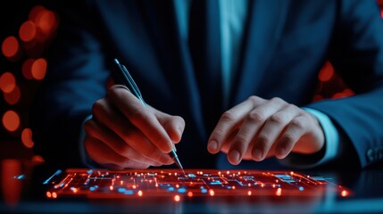 Business executive signing a digital contract on a holographic screen, high-tech futuristic deal-making