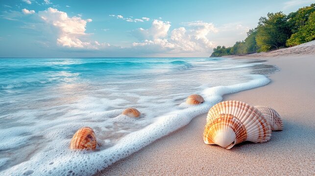 Tropical beach sunrise with seashells