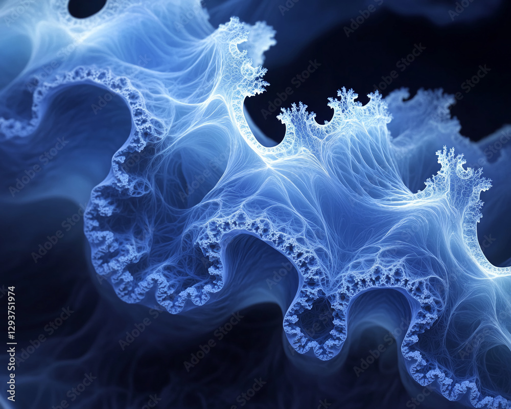 Poster close-up of intricate blue sea sponge or coral texture with glowing edges and delicate mesh-like str