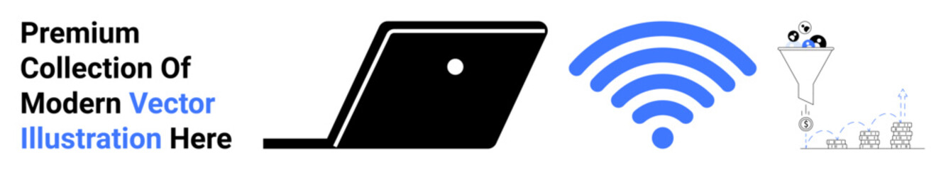 Laptop icon, blue wireless signal, and digital funnel with abstract elements. Ideal for tech, internet, data flow, connectivity, digital marketing business analytics and innovation. Abstract line