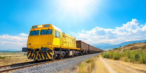 Freight train carrying gravel through open landscape with sunlight. Generative AI