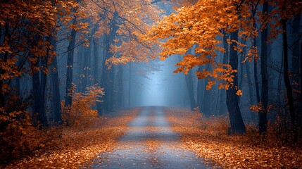 Misty autumn path, forest road, fall leaves, magical scene, nature wallpaper