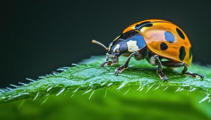 Naklejka premium Macro photography of a ladybug on a green leaf, capturing the fine details of its shell, Macro photography, Bright and sharp