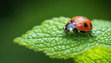 Fototapeta premium Macro photography of a ladybug on a green leaf, capturing the fine details of its shell, Macro photography, Bright and sharp