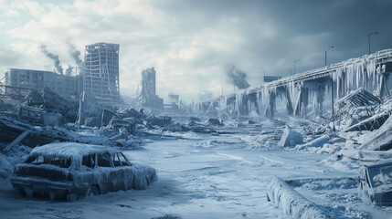 A frozen post-apocalyptic world where an entire city is encased in ice, with collapsed bridges, frozen vehicles, and lone survivors wrapped in heavy fur coats, braving the harsh cold.