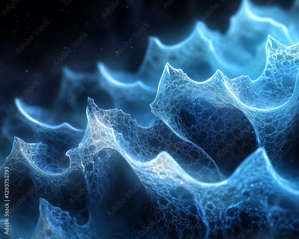 Poster Close-up of detailed blue organic texture with intricate mesh-like patterns, showcasing abstract, fluid structures and highlighting the beauty of natural, complex forms.