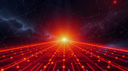 Fototapeta premium Tech Digital Cyber Landscape with a Glowing Blue Grid Line dot connection Abstract Data Network Background, and Starry Space Background, with concept of AI, Innovation, Data, cloud quantum computing